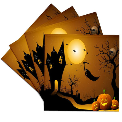 3dRose CST_152289_3 Halloween House with Pumpkins, Skulls, and Bats and The Grim Reaper Ceramic Tile Coasters, Set of 4
