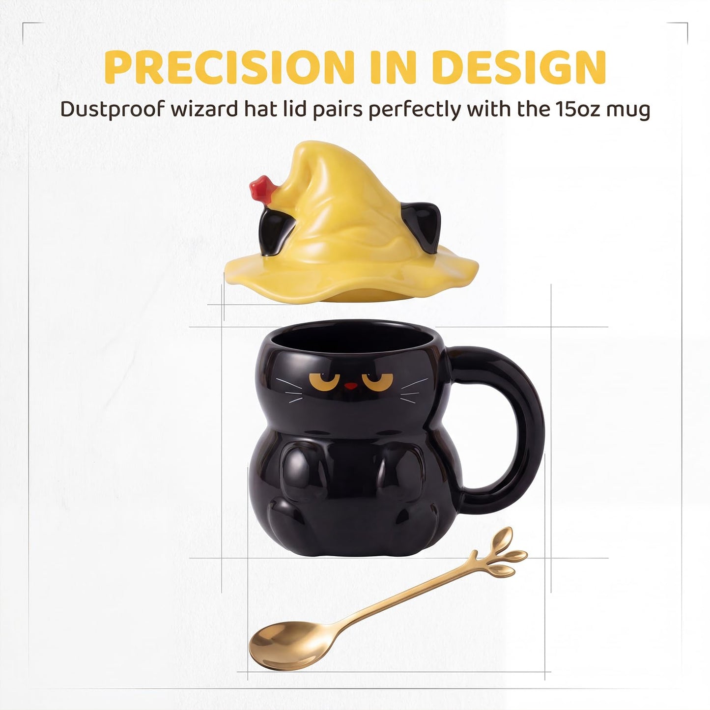 Umcnoi Cat Ceramic Coffee Mug - 15oz Cute Cat Lover Gift For Women - Funny Kitty Tea Cup With Spoon & Wizard Hat Lid - Cats Gifts For Women & Daily Use (Black)