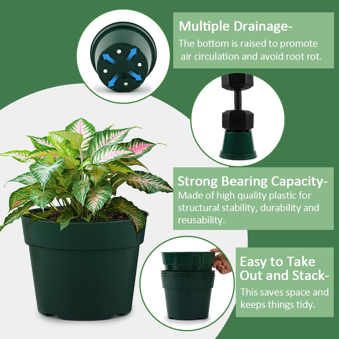 RooTrimmer 15 Pack 4/6/8 Inch Plant Nursery Pots, Sturdy Plant Pots with Drainage Holes, Ideal for Seedlings, Indoor/Outdoor Use, Green
