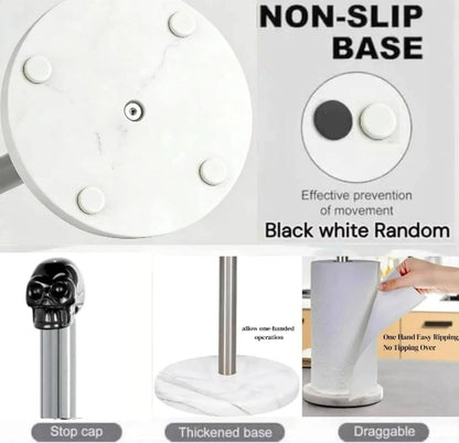 Homestia Skull Paper Towel Holder - Black Obsidian Gothic Marble Stainless Steel Countertop Stand, Weighted Non-Slip Base, Fits Standard & Jumbo Rolls for Kitchen Bathroom