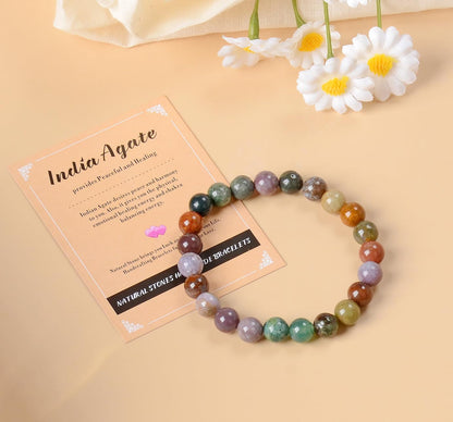 AD Beads Handmade Gemstone Stretch Elastic Bracelet Crystal Healing Reiki Nature's Beauty and Spiritual Essence Unisex (10mm, Indian Agate)