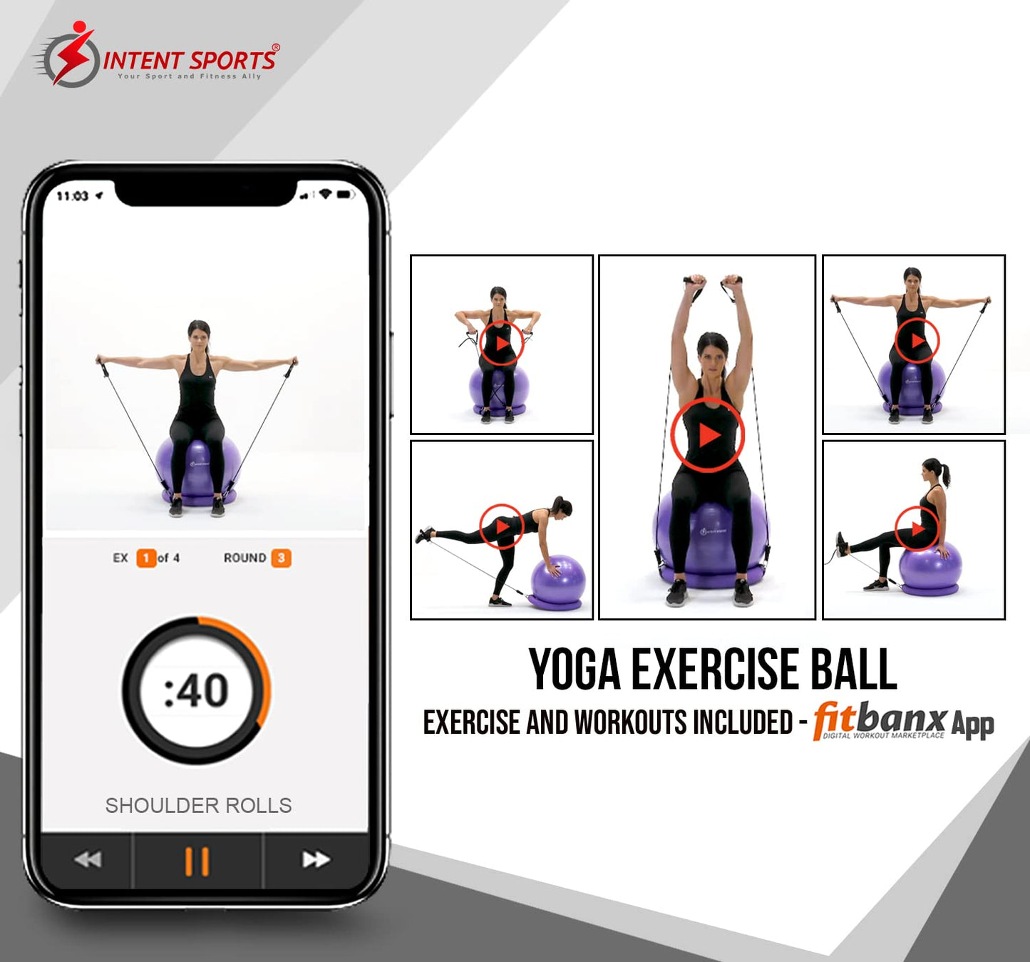 INTENT SPORTS Yoga Ball Chair – Stability Ball with Inflatable Stability Base & Resistance Bands, Fitness Ball for Home Gym, Office, Improves Back Pain, Core, Posture & Balance (65 Cm)