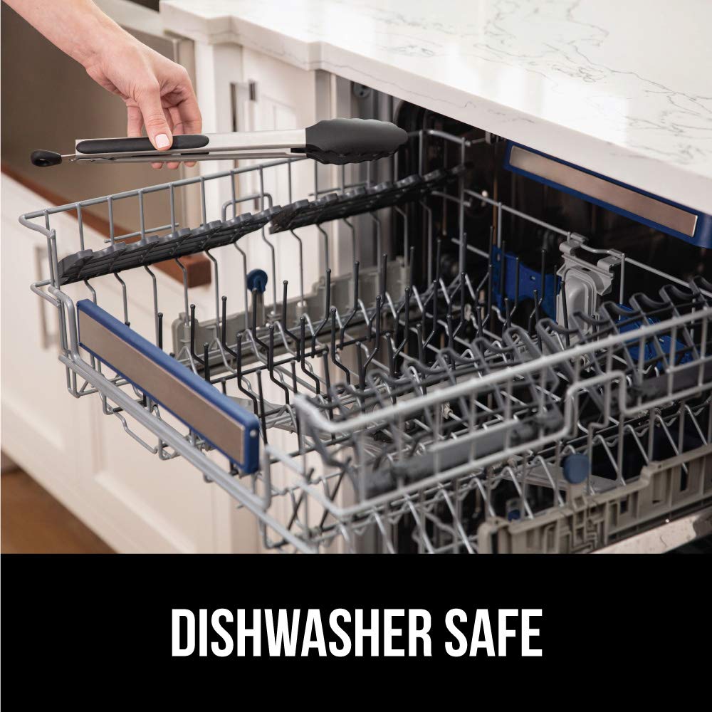 GORILLA GRIP Stainless Steel Heat Resistant Kitchen Tongs for Cooking, 9 + 12 Inch, Set of 2 BBQ Tong, Non Scratch Silicone Tip for Pan, Strong Grip, Grab Food, Toss Salad, Air Fryer, Pull Lock, Black