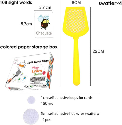 Spanish Sight Word Game for Kids |108 Educational Flash Words with 4 Fly Swatters, Interactive Learning Boards Games, Homeschool,Classroom Must Have, Teacher Supplies,Gifts for Boys and Grils