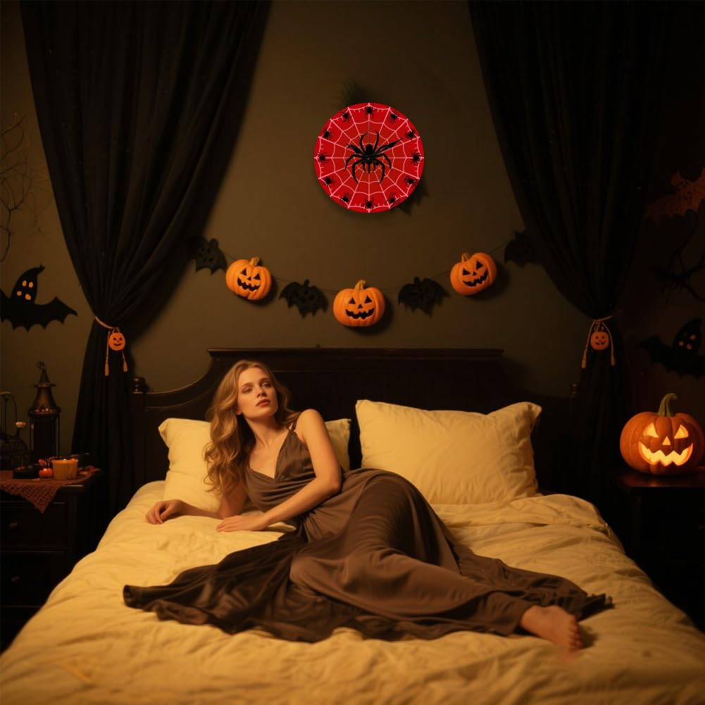 CHGCRAFT Halloween Spider Pattern Wall Clock 12 Inch Non-Ticking Spider Web Clocks Round Wall Hanging Clock Battery Operated for Bedroom Living Room Kitchen Office