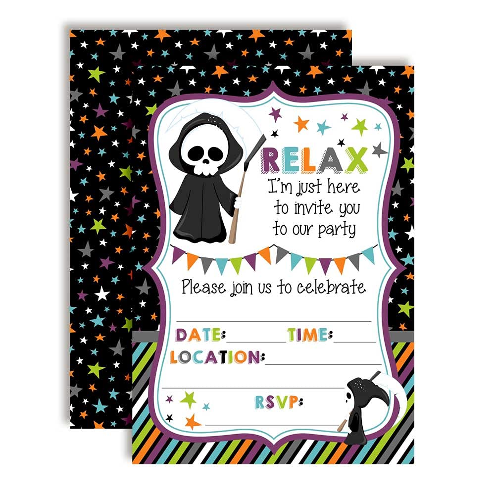 Relax! Funny Grim Reaper Themed Halloween Party Invitations, 20 5x7 Fill In Cards with Twenty White Envelopes by AmandaCreation