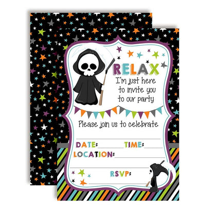 Relax! Funny Grim Reaper Themed Halloween Party Invitations, 20 5x7 Fill In Cards with Twenty White Envelopes by AmandaCreation