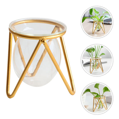 FELTECHELECTR Glass Vase with Metal Stand, Hydroponic Flower Holder Bulb Planter for Home Decor, Small Gold Desktop Plant Terrarium for Indoor Floral Display