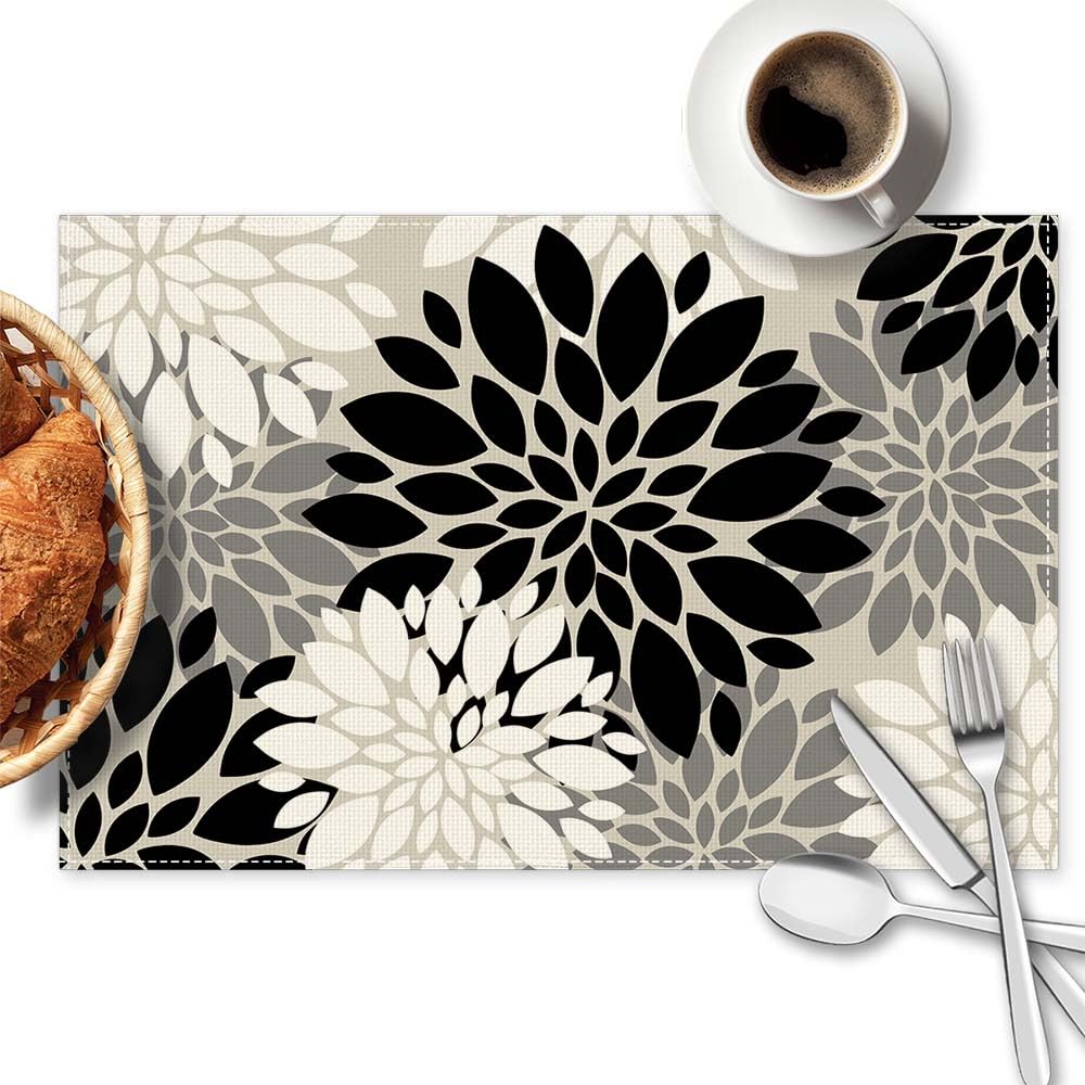 Grey Black White Dahlia Floral Placemats Set of 4, 12x18 Inch Waterproof Stain Resistant Linen Table Placemats Farmhouse Kitchen Party Decor Home Décor