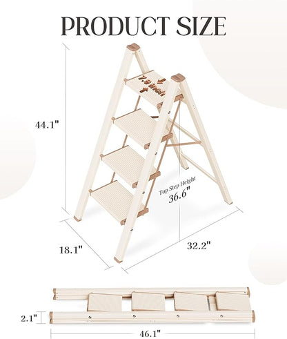 4 Step Ladder, Aluminum Folding Step Stool with Anti-Slip Sturdy and Wide Pedal, Lightweight Portable Stepladder for Home and Kitchen Use Space Saving, 330 lbs, Chocolate White