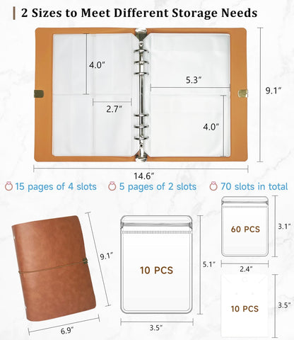 Jewelry Storage Book, Travel Jewelry Organizer with Anti-drop Pockets, Portable PU Leather Earrings Album with Transparent Bags for Rings, Bracelets(70 Grids+70 Anti-Oxidation Bags+10 Necklace Cards)
