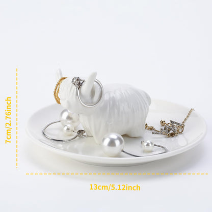 Highland Cow Ring Holder Dish Cute Unique Ceramic jewelry Dish Tray Home Decor Gift for Women Girls Birthday Wedding Graduation Valentines, Jewelry Plate Organizer for Earrings Bracelets Necklace