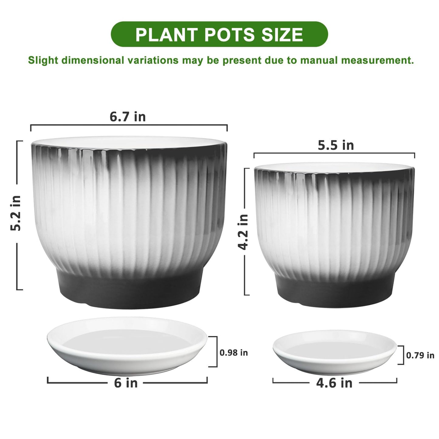 YUFDA 6.7 + 5.5 Inch Ceramic Plant Pots,Set of 2,Planters with Drainage and Saucer,Indoor Pots for Plants,Modern Flower Pots for Home and Office（Black + White）
