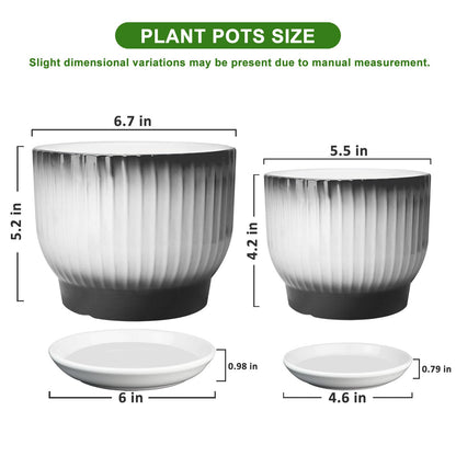 YUFDA 6.7 + 5.5 Inch Ceramic Plant Pots,Set of 2,Planters with Drainage and Saucer,Indoor Pots for Plants,Modern Flower Pots for Home and Office（Black + White）