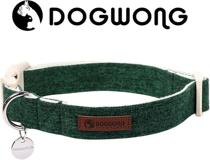 DOGWONG Cotton Hemp Dog Collar, Heavy-Duty Christmas Green Dog Collar Adjustable Soft Natural Fabric Pet Dog Collar Cute Holiday Puppy Necklace for Small Medium Large Dogs