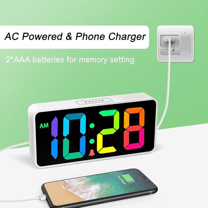 Welgo 7.5 Inches Large Dimmable Digital Alarm Clock for Seniors & Kids | 0-100% dimmable display, USB charging port, adjustable volume, easy snooze, outlet-powered for bedrooms