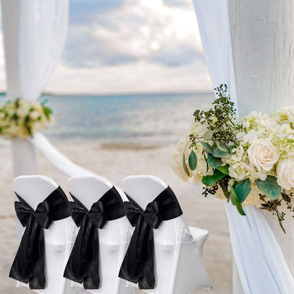 Maiangel Satin Chair Sashes Bows-12PCS Chair Ribbon Ties Back Sash for Wedding Party Events Banquet Chair Cover Decoration (Black)