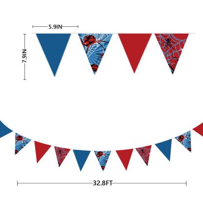 32Ft Spider Party Decorations Red Blue Spider Web Triangle Flag Pennant Banner Fabric Garland Streamer for Kids Boys Cartoon Super Heros Movie Birthday Superhero Baby Shower Party Decor Supplies