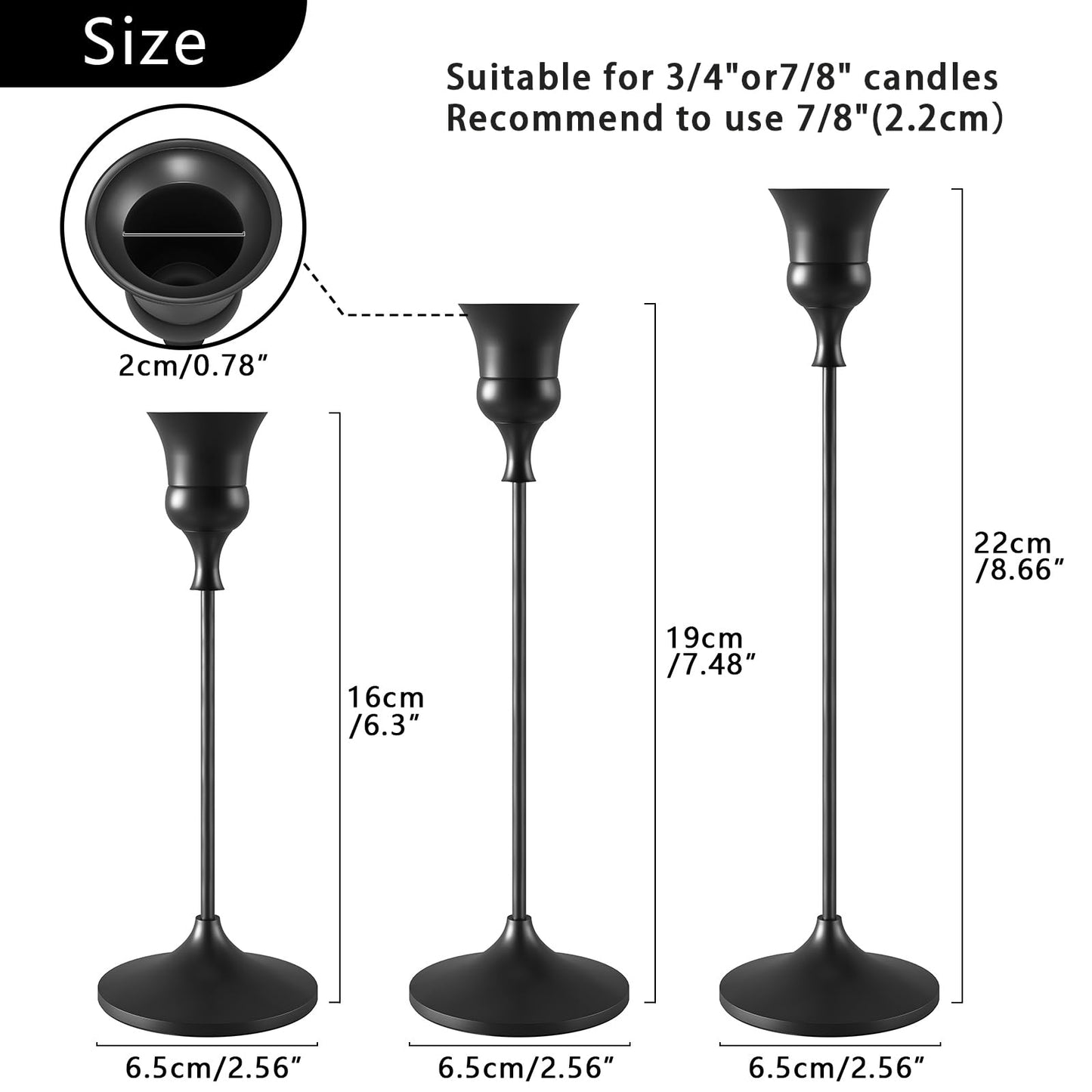 Showin Candlestick Holders Black, 3 Packs Taper Candle Holder for Candlesticks, Candle Sticks Holder Decor for Home Decor