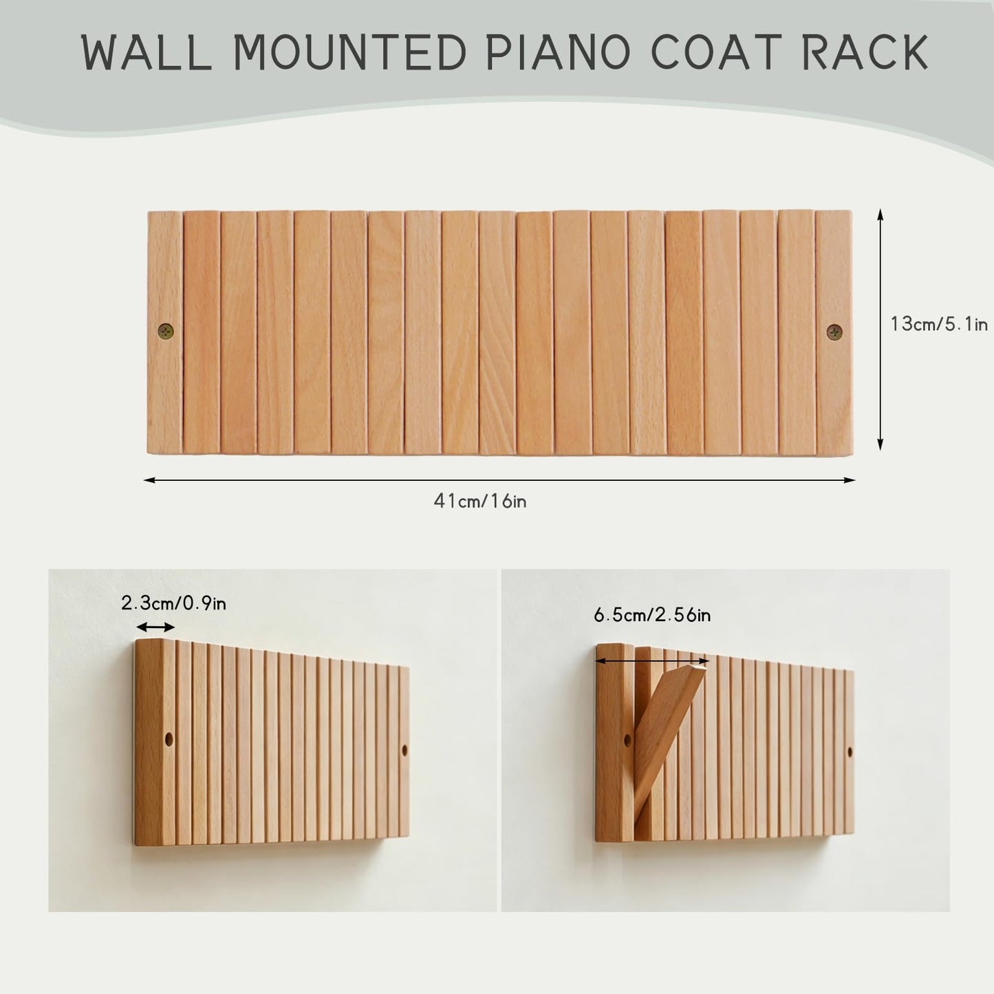 VelnixArvone Wall Mounted Piano Coat Rack, Decorative Wooden Wall Hooks with Fold-Away Design, 9 Flip-Down Coat Hooks for Entryway, Bedroom, Laundry Room (Natural Beech)