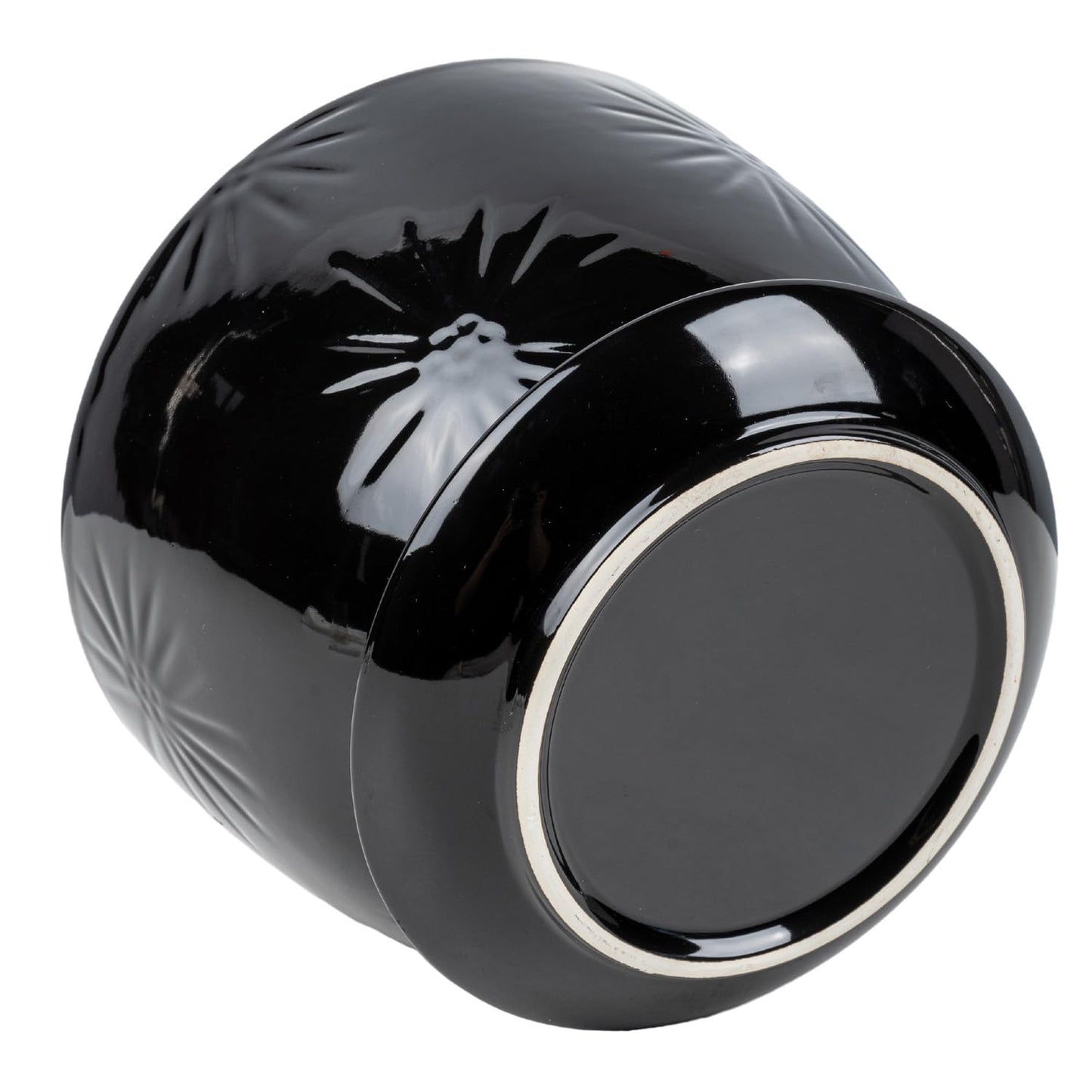 MyGift 7 Inch Glossy Black Ceramic Plant Pot with Drainage Hole and Attached Saucer, Modern Decorative Embossed Sunburst Planter Container for Indoor Home Garden