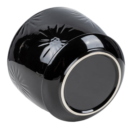 MyGift 7 Inch Glossy Black Ceramic Plant Pot with Drainage Hole and Attached Saucer, Modern Decorative Embossed Sunburst Planter Container for Indoor Home Garden
