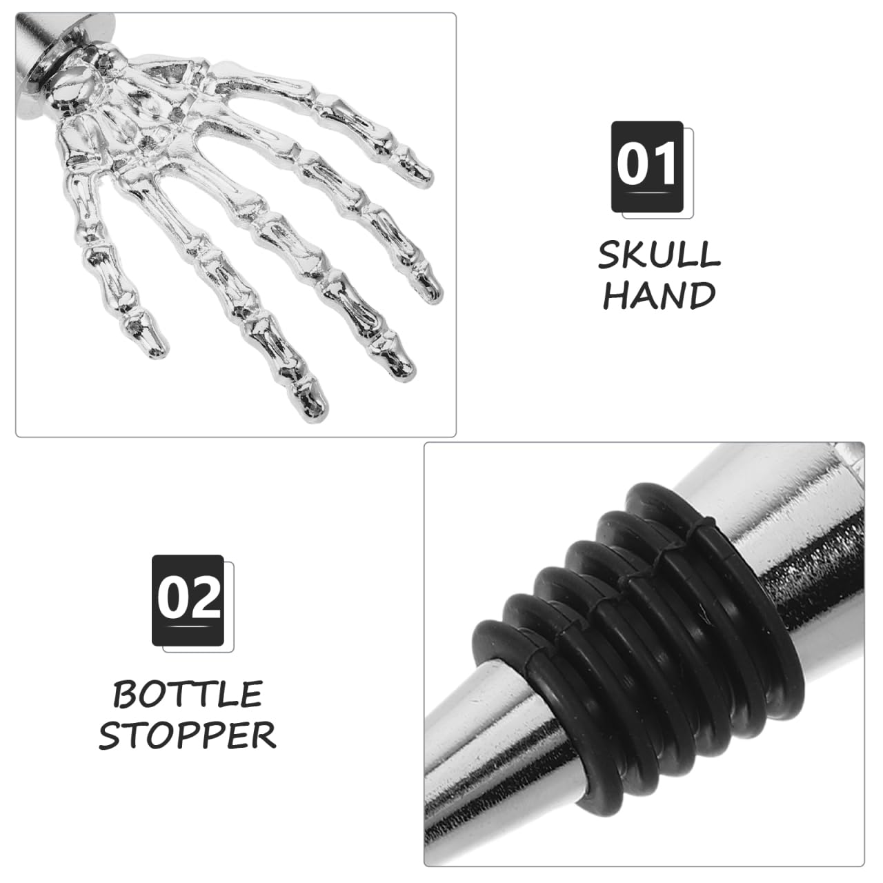 Garneck 2pcs Halloween Wine Bottle Stopper Silver Skeleton Hand Shaped Decorative Bottle Plug Alloy Skeleton Hand Stopper for Wine Beverage Halloween Party Favors