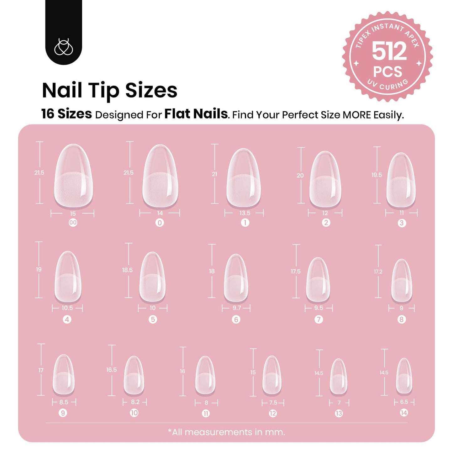 Beetles Tipex Instant Apex Nail Tips Kit, Coffin Long 224Pcs 16 Sizes Pre-Building & Pre-Etched Thicker Acrylic Nails False Nail Extension with Tipex Nail Glue Mini Nail Lamp