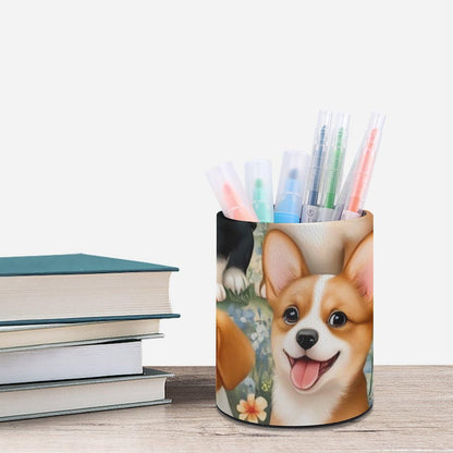 UTRSIFB Pen Holder Leather Pencil, Holder Cup Makeup Brush Storage Organizer, Waterproof Multifunctional Office Supplies Puppy