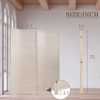 FDW Bamboo Room Divider Folding Privacy Wooden Screen 4 Panel 72 Inches High 17.7 Inches Wide Room Divider for Bedroom Office Study,Natural