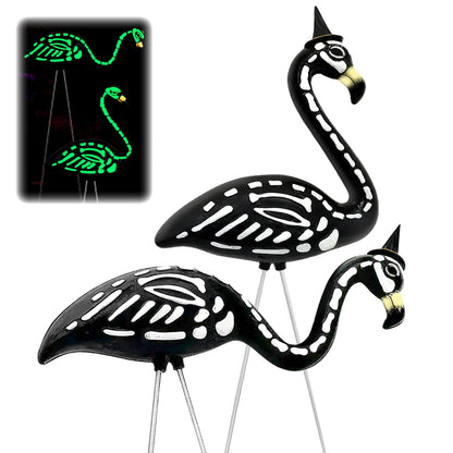 TitTees Halloween Decorations 2 Pack Black Flamingo Skeleton, Zombie Flamingos for Spooky Graveyard Decor, Skull Flamingo with Stakes for Halloween Lawn Ornaments