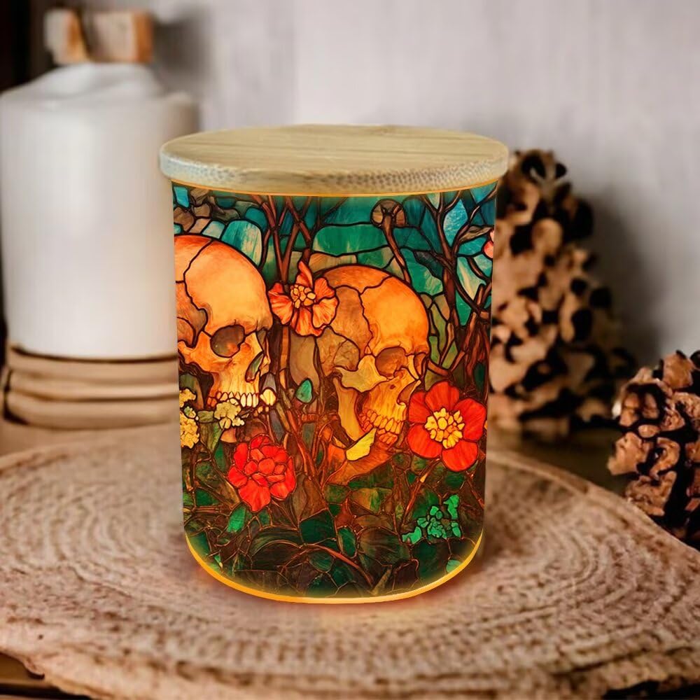 Skull Tealight Candle Holders for Table Centerpiece,Glass Jars Stainless Glass Skull Tea Lights Candle Holder LED Tea Light for Halloween,Home & Party Decor