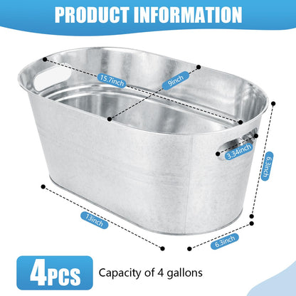 OBTANIM 4 Pack 4 Gallon Galvanized Ice Buckets Metal Champagne Drink Cooler Storage Ice Tub with Handles for Beer Cocktails Wine Beverage Home Parties Bar Cooling Supplies