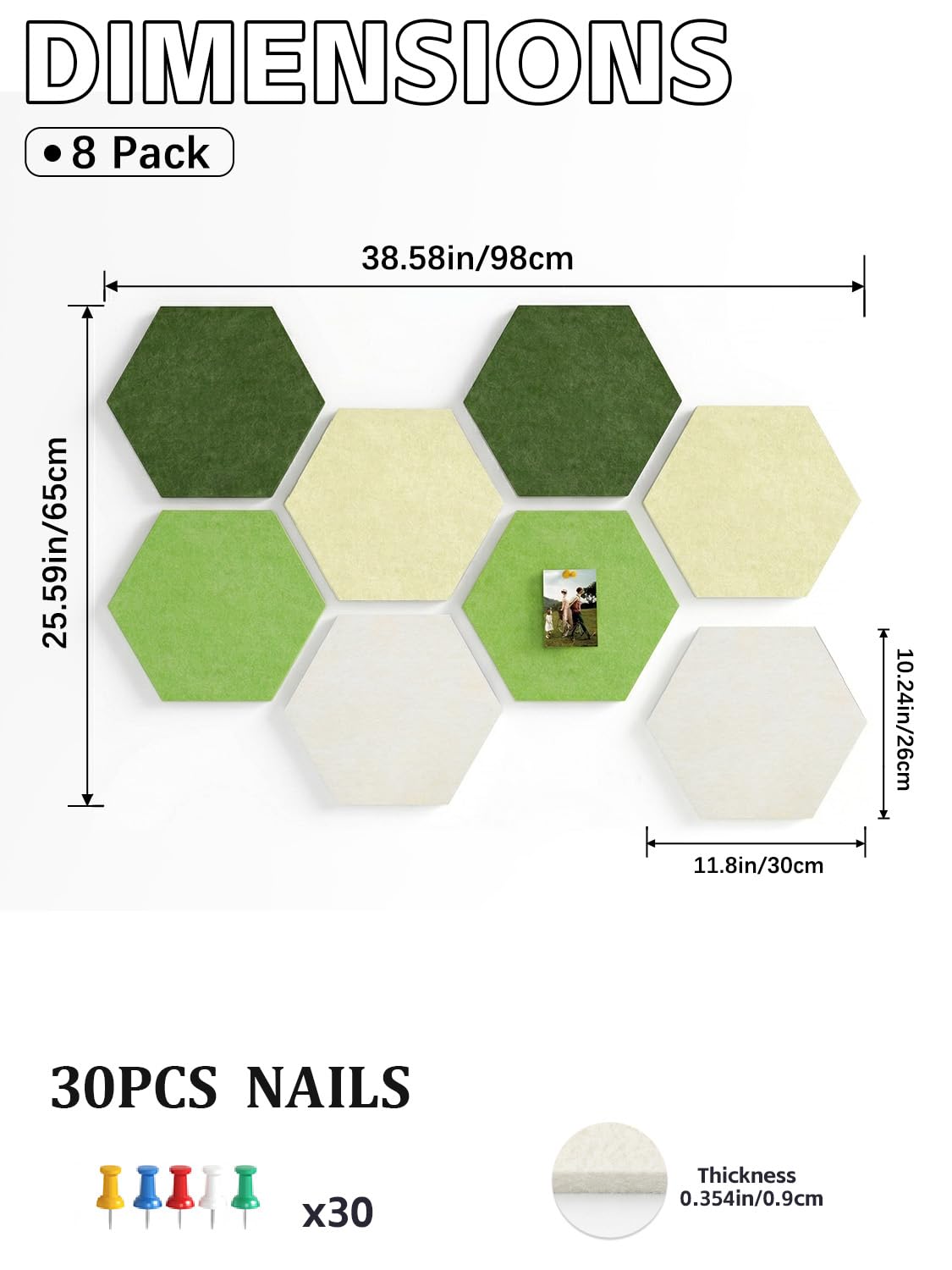 Uoisaiko 8 Pack Hexagon Felt Bulletin Board Tiles - 12" Large Thick Pin Board for Walls with 30 Push Pins, DIY Boards for Office Home School Decor, Aesthetic Hex Cork Board Alternative
