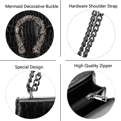 DEEPMEOW Crossbody Shoulder Chain Purse for Women - Crocodile Grain PU Leather Evening Bag Satchel Handbag（Black）