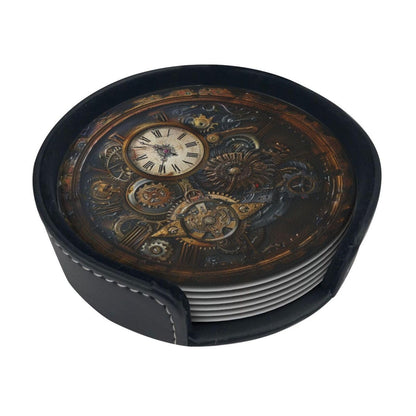 Steampunk Clocks Drinks Coasters With Holder, Suitable For Kinds Of Cups, Set Of 6