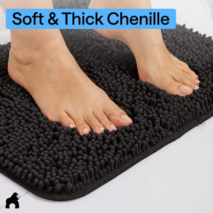 GORILLA GRIP Bath Rug Mat 48x17, Thick Soft Absorbent Chenille, Quick Dry Microfiber Mats, Rubber Backing Washable Shower Floor Rugs, Bathmat Runner, US Designed Bathroom Home Decor Accessories Black