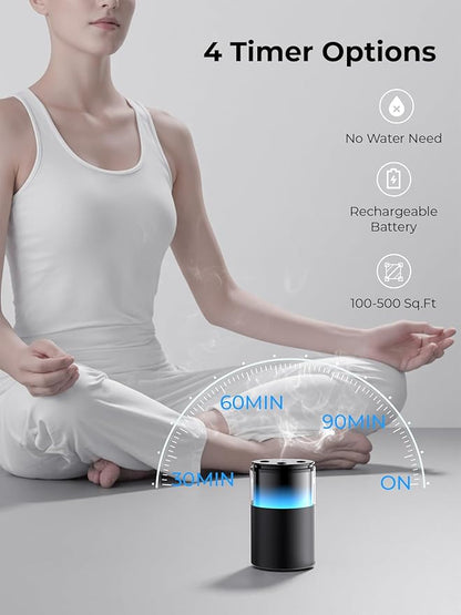 Waterless Essential Oil Diffuser: 𝟗 𝐂𝐨𝐥𝐨𝐫𝐬 𝐋𝐄𝐃 Scent Diffuser for Home&Car&Office - Portable Diffuser with 48H Battery, 4 Timers & 3 Mist Levels, Carbon Black