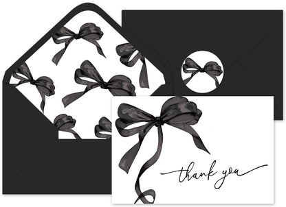 Whaline 24 Pcs Black Bow Thank You Cards with Envelopes and Stickers Watercolor Bow Greeting Cards Black Blank Note Card for Halloween Party Supplies