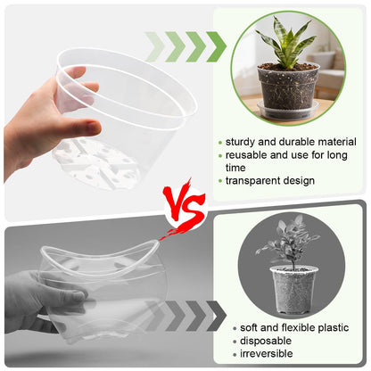 RooTrimmer 15 Pack 8/7/6 Inch Clear Nursery Pots with Saucer, Transparent Plastic Plant Pot with Drainage Hole, Sturdy Planting Starter Pots for Gardening Flower Herb Vegetable