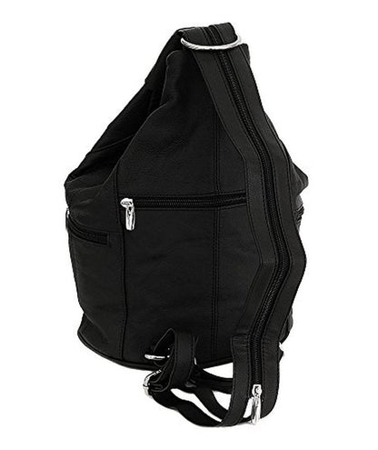 Womens Leather Convertible 7 Pocket Medium Size Tear Drop Sling Backpack Purse Shoulder Bag, Black