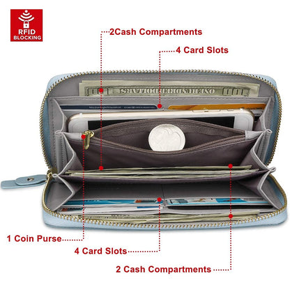 FT FUNTOR Wristlet Wallet for Women, Ladies Zip around Wallet PU Vegan Leather Clutch Long Purse Phone Card Holder Organizer Blue