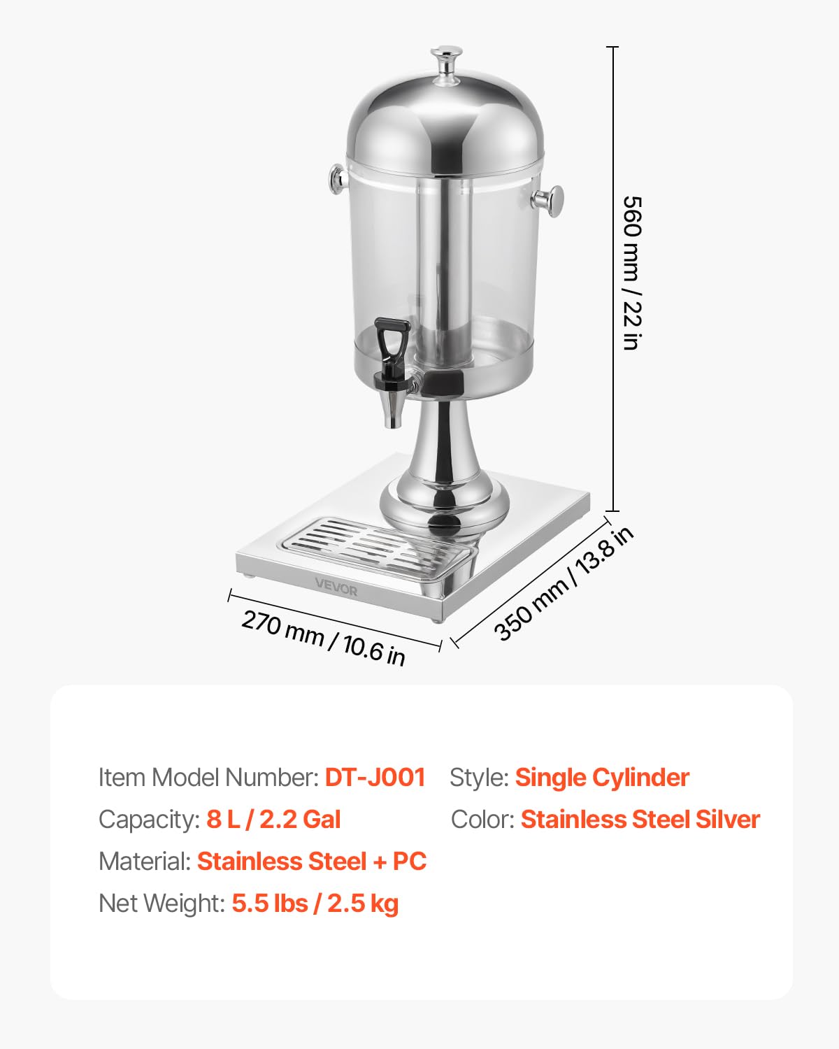 VEVOR Beverage Dispenser, 2.1 Gallon Drink Dispenser for Parties, Stainless Steel + Plastic Juice Dispensers with Spigot Ice Chamber Tray, Iced Tea Lemonade Juice Dispensers, for Restaurants, Hotels