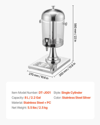 VEVOR Beverage Dispenser, 2.1 Gallon Drink Dispenser for Parties, Stainless Steel + Plastic Juice Dispensers with Spigot Ice Chamber Tray, Iced Tea Lemonade Juice Dispensers, for Restaurants, Hotels