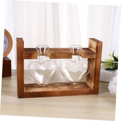 Ciieeo 2Pcs Heart Shaped Glass Hydroponics Planter with Retro Wooden Rack Temperature Resistant Vase for Flower Arrangement and Indoor Plant Propagation Decorative Terrarium for Home