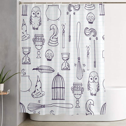 LOKMU 4 Pcs Shower Curtain Sets with Non-Slip Rugs, Toilet Lid Cover and Bath Mat,Witch Birdcage Magic Books Owl Wand Broom Waterproof Shower Curtain with 12 Hooks, Bathroom Decor Sets, 72" x 72"