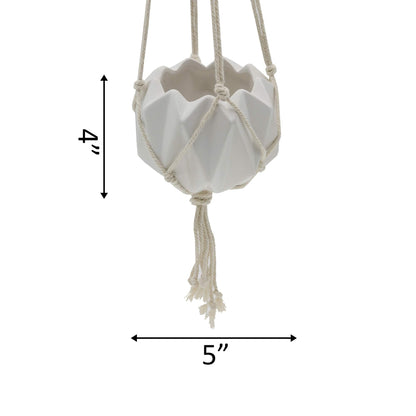 Flora Bunda Hanging Planter for Succulent 5" Ceramic Macrame Matte White