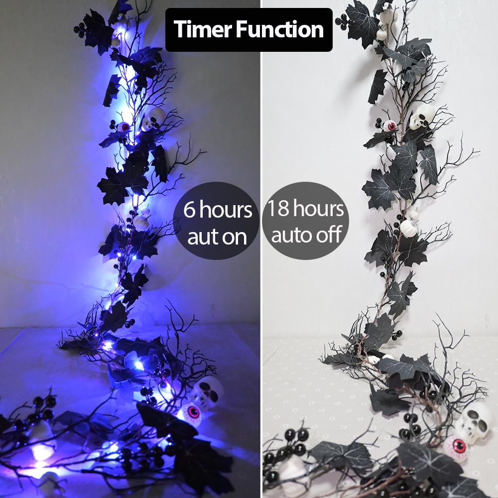 HamiFinee Halloween Garland Lights 6FT Battery Operated with Timer Pumpkins Eyeballs Skulls Berries Maple Leaves Dead Branch Black Garland for Fall Party Mantle Wall Home Indoor Halloween Decoration