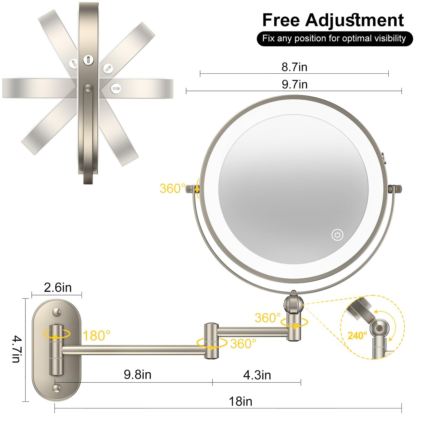 9" Wall Mounted Lighted Makeup Mirror,4000mAh Rechargeable Double Sided 1X/10X Magnifying Mirror with Light,3 Color Lights,Touch Dimmable,Extended Arm 360 Rotation Wall Mounted Makeup Mirror