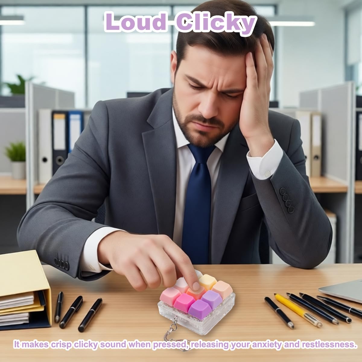 3 Pcs Keyboard Fidget Toy for Adults, Loud Clicky Keyboard Fidget Keychain, Button Fidget Clicker Stress Relief Sensory Toys for Anxiety Decompression Gift (Purple Pink)